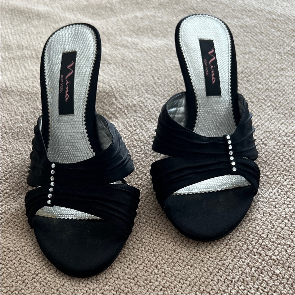 Nina Black Ruched Slide Sandals with Rhinestone Detail